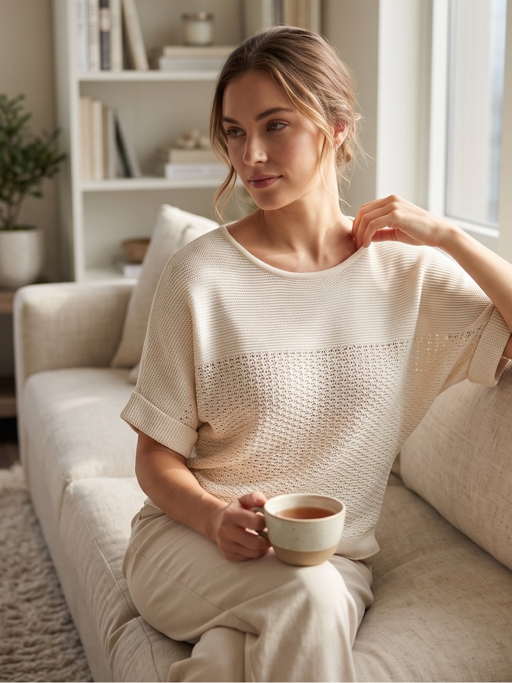 Lightweight Cream Knit Short-Sleeve Top